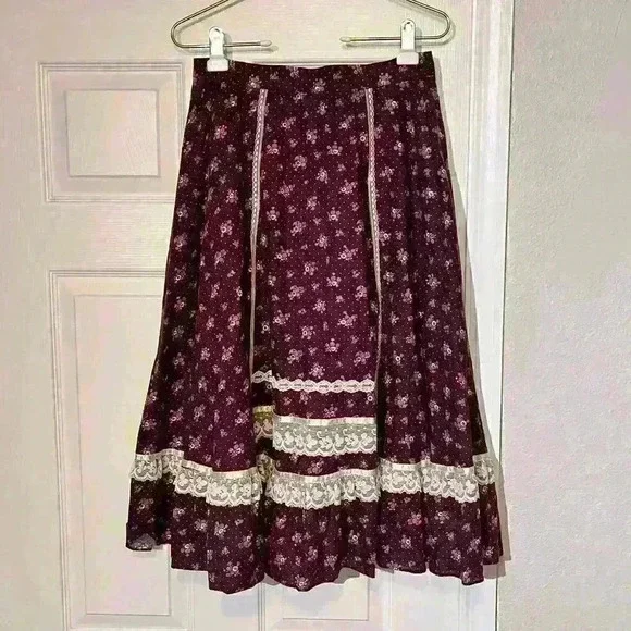 Vintage Gunne Sax 1970s Womens Floral Lace Prairie Calico Cottagecore Skirt 13 - Picture 1 of 16
